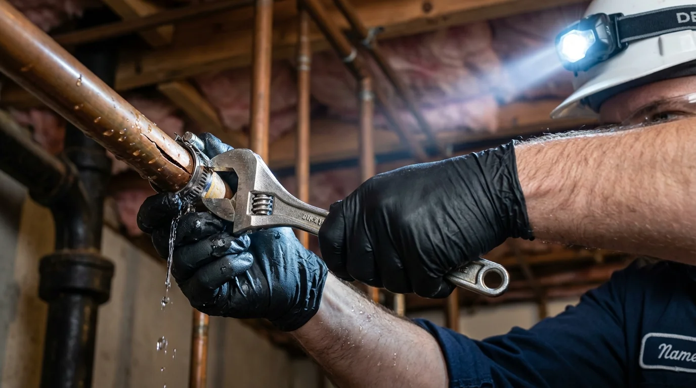 Emergency pipe clamp repair being performed by a Johns Plumbing LLC plumber in Tennessee Ridge