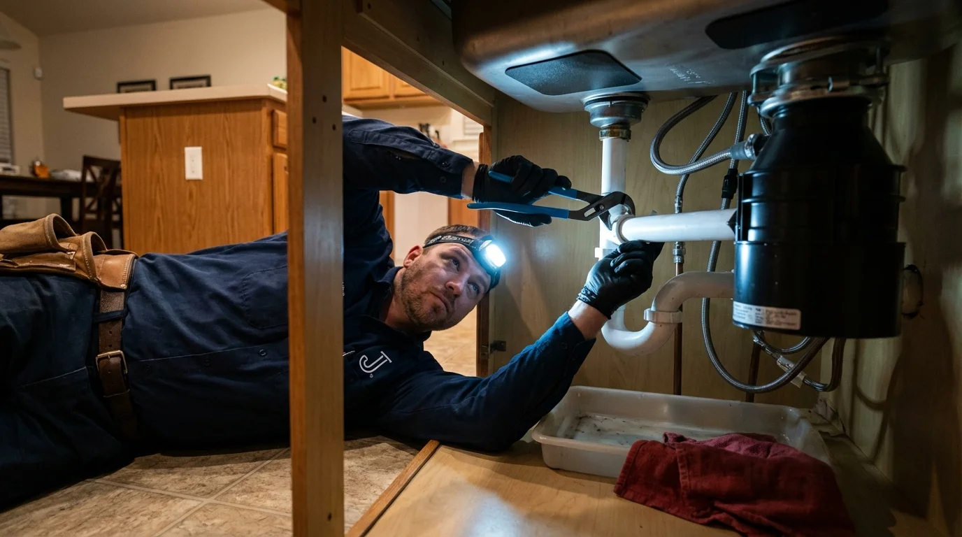 P-trap and supply line connections under a kitchen sink showing a common leak point in Tennessee Ridge, TN